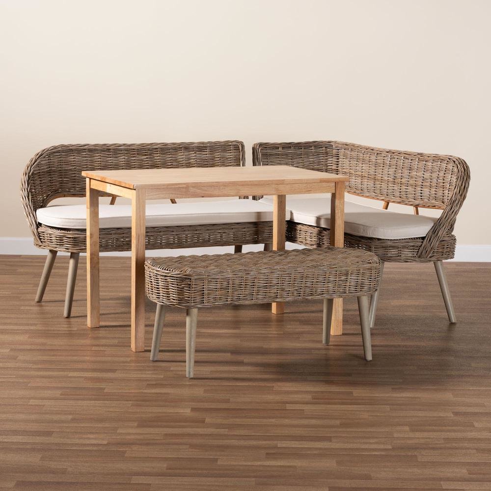 Modern Bohemian Natural Kubu Rattan Bench and Wood Table 4-Piece Dining Nook Set. Picture 11