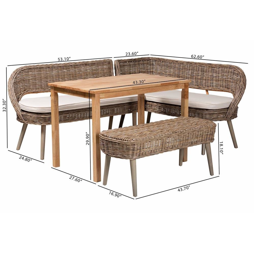 Modern Bohemian Natural Kubu Rattan Bench and Wood Table 4-Piece Dining Nook Set. Picture 2