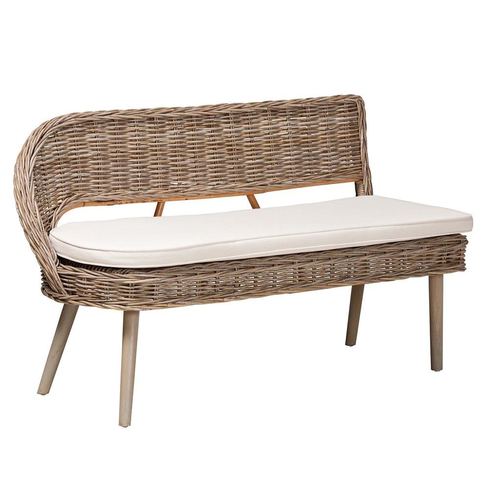 Modern Bohemian Natural Kubu Rattan Bench and Wood Table 4-Piece Dining Nook Set. Picture 3