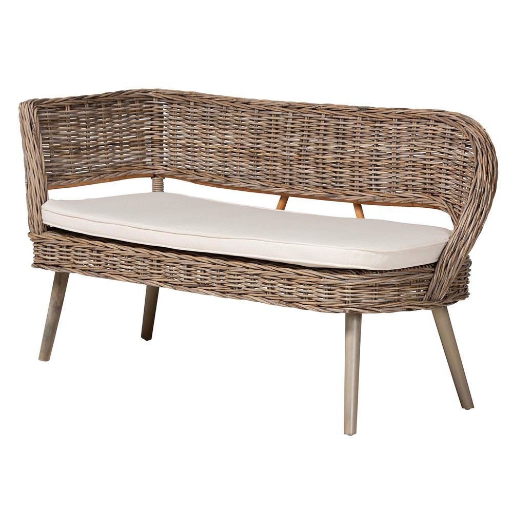 Modern Bohemian Natural Kubu Rattan Bench and Wood Table 4-Piece Dining Nook Set. Picture 4
