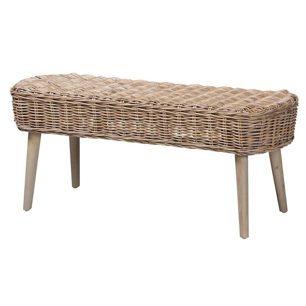 Modern Bohemian Natural Kubu Rattan Bench and Wood Table 4-Piece Dining Nook Set. Picture 5
