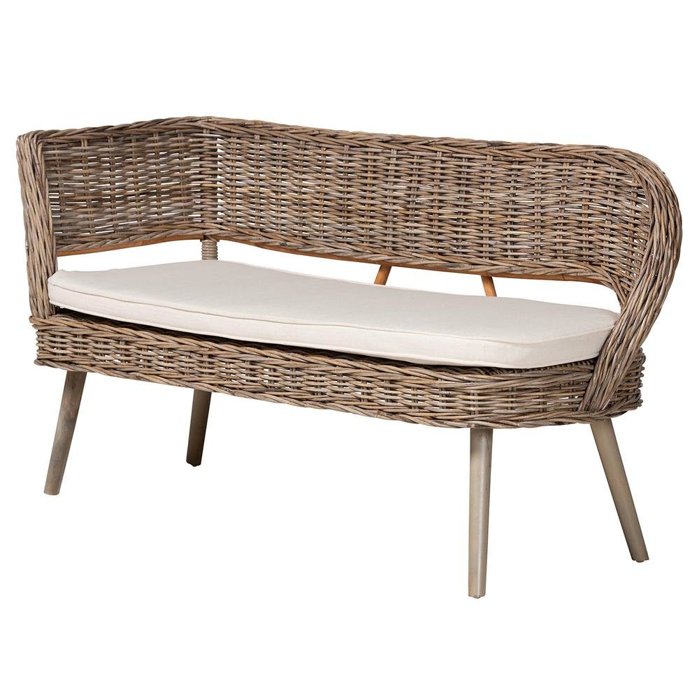 Natural Kubu Rattan and Grey Acacia Wood 2-Piece Dining Nook Banquette Set. Picture 12