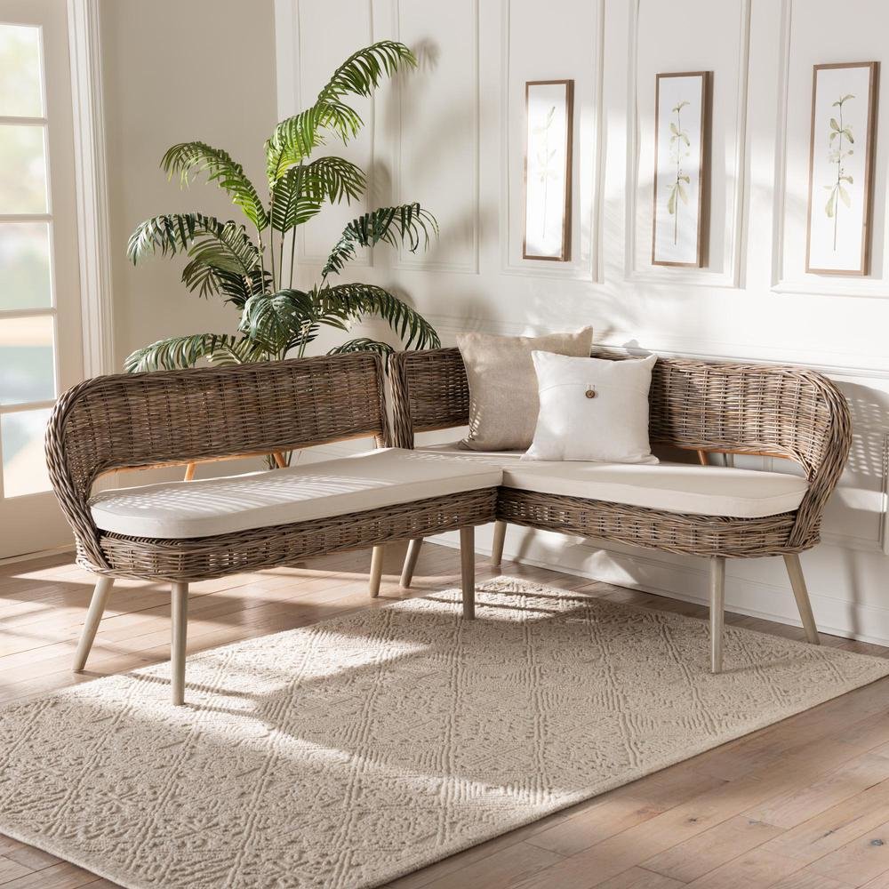 Natural Kubu Rattan and Grey Acacia Wood 2-Piece Dining Nook Banquette Set. Picture 16