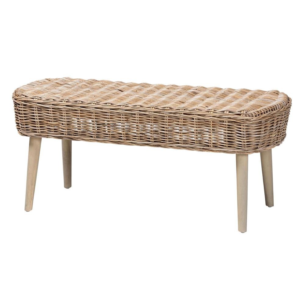 Raisa Modern Bohemian Natural Kubu Rattan and Grey Acacia Wood Accent Bench. Picture 10