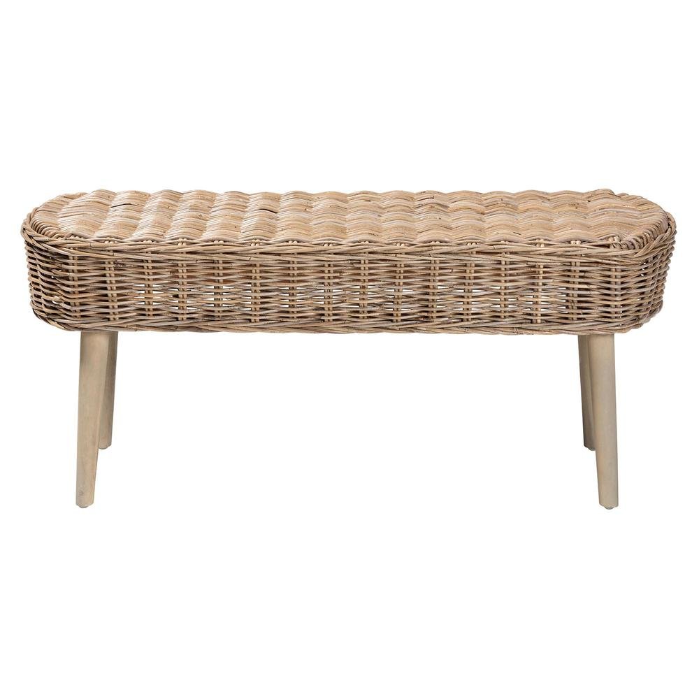 Raisa Modern Bohemian Natural Kubu Rattan and Grey Acacia Wood Accent Bench. Picture 11