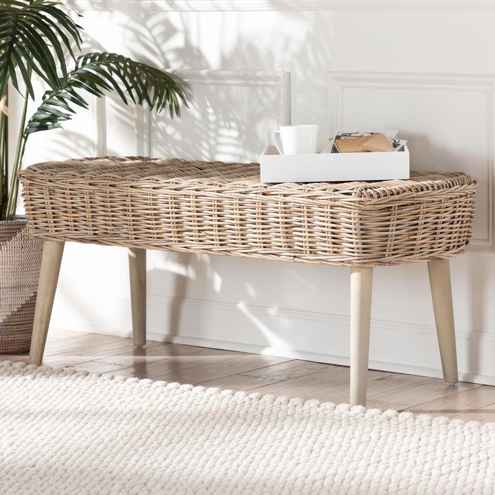 Raisa Modern Bohemian Natural Kubu Rattan and Grey Acacia Wood Accent Bench. Picture 15