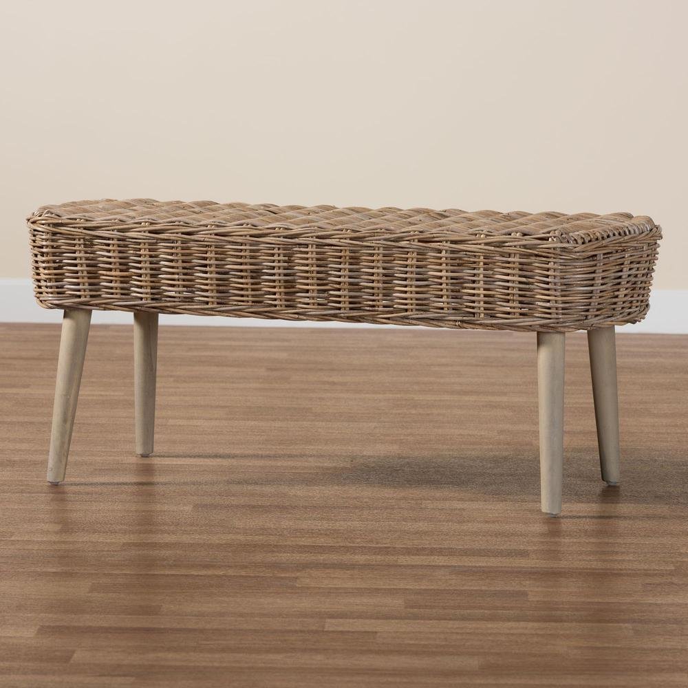 Raisa Modern Bohemian Natural Kubu Rattan and Grey Acacia Wood Accent Bench. Picture 16