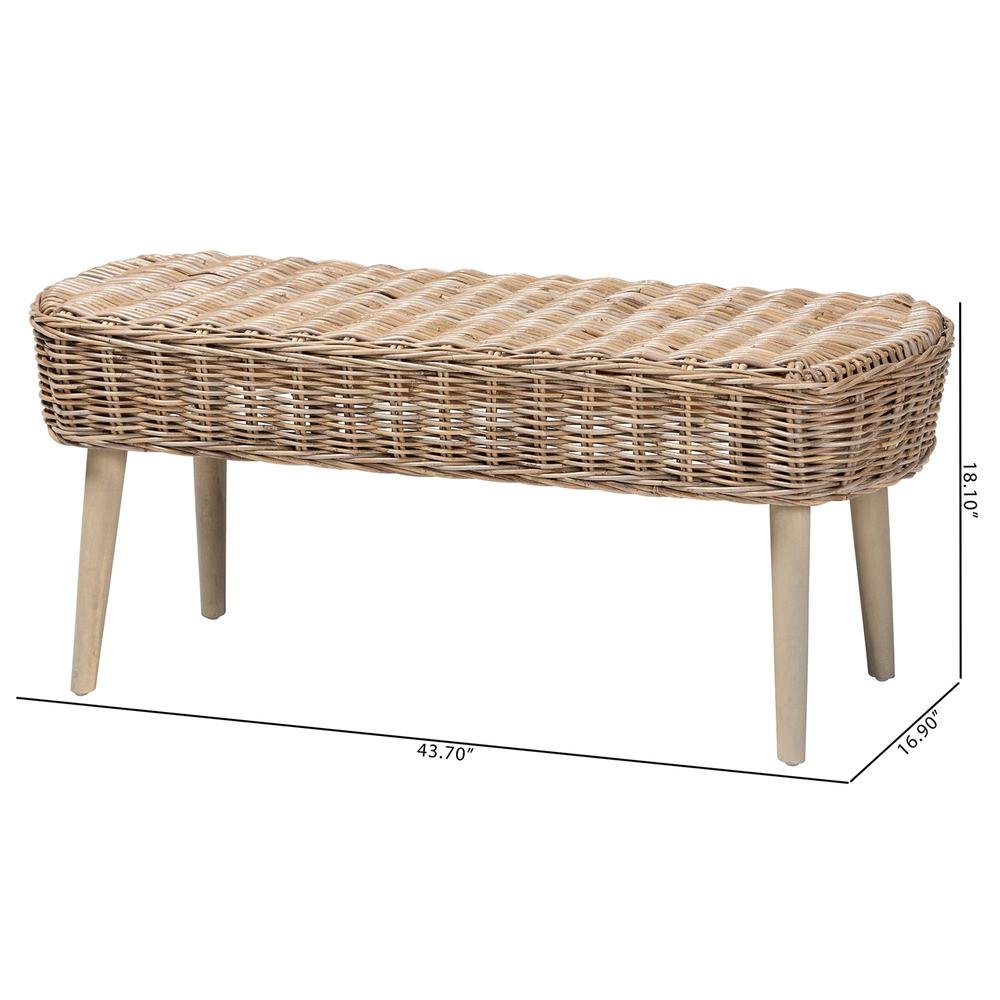 Raisa Modern Bohemian Natural Kubu Rattan and Grey Acacia Wood Accent Bench. Picture 17