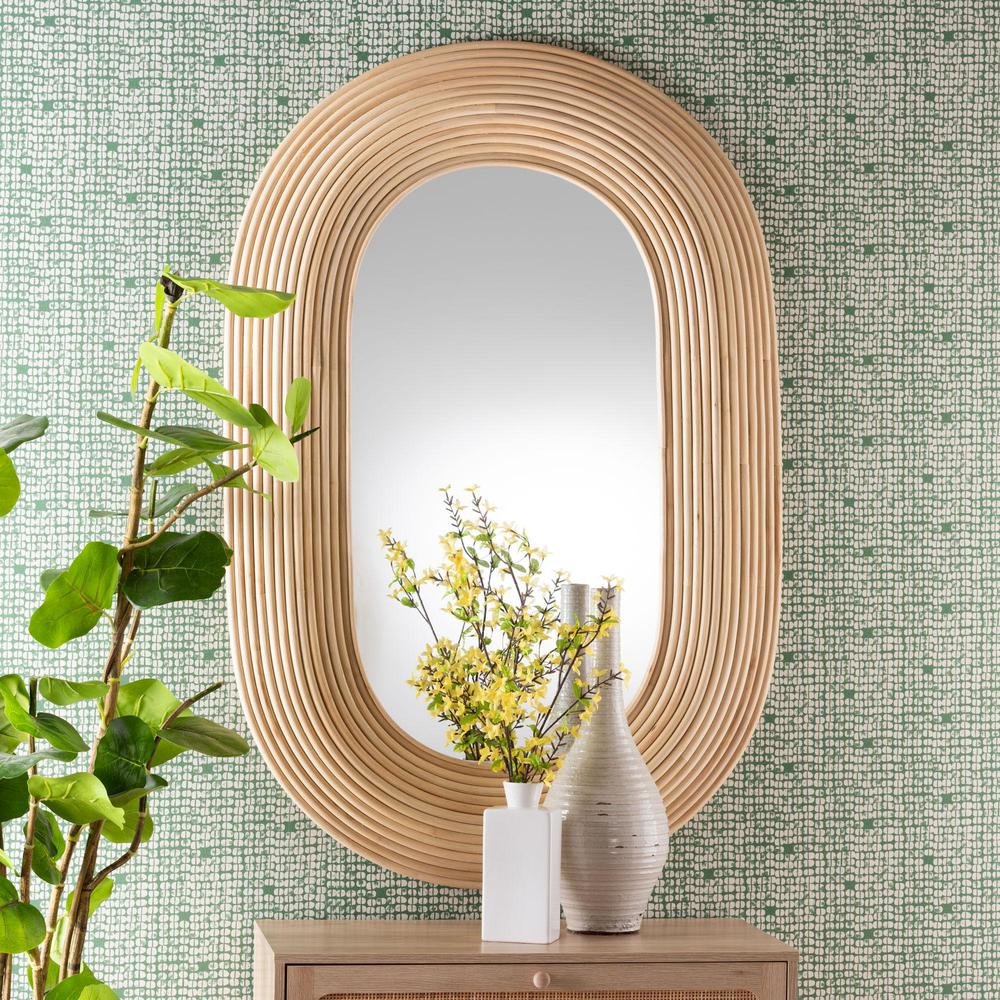 Drucilla Modern Bohemian Natural Brown Rattan Oval Accent Wall Mirror. Picture 9