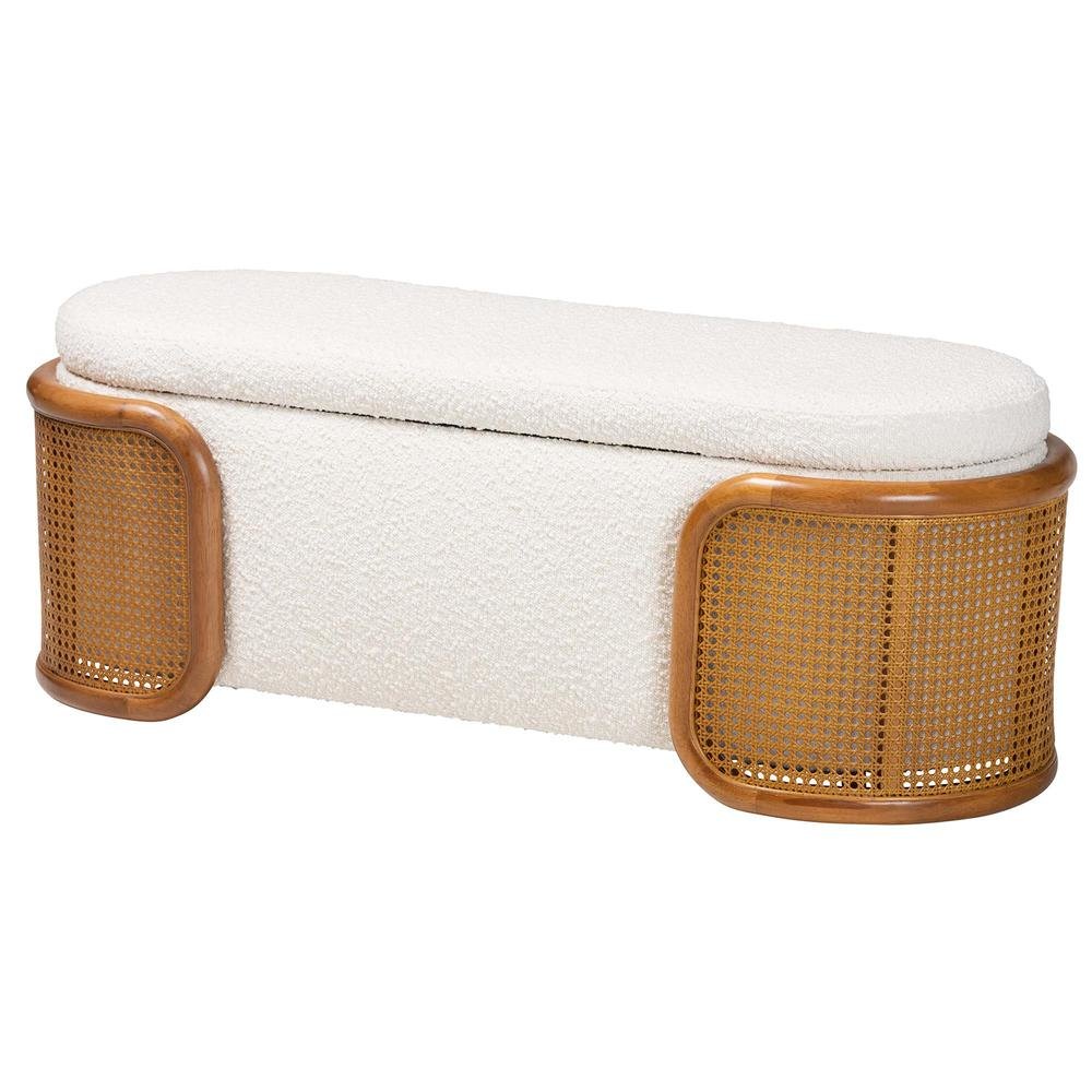 Baxton Studio Basira Japandi Cream Boucle Fabric Storage Bench with Woven Rattan. Picture 12