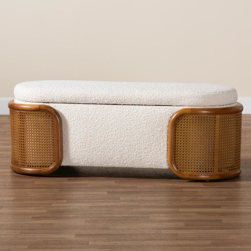Baxton Studio Basira Japandi Cream Boucle Fabric Storage Bench with Woven Rattan. Picture 20