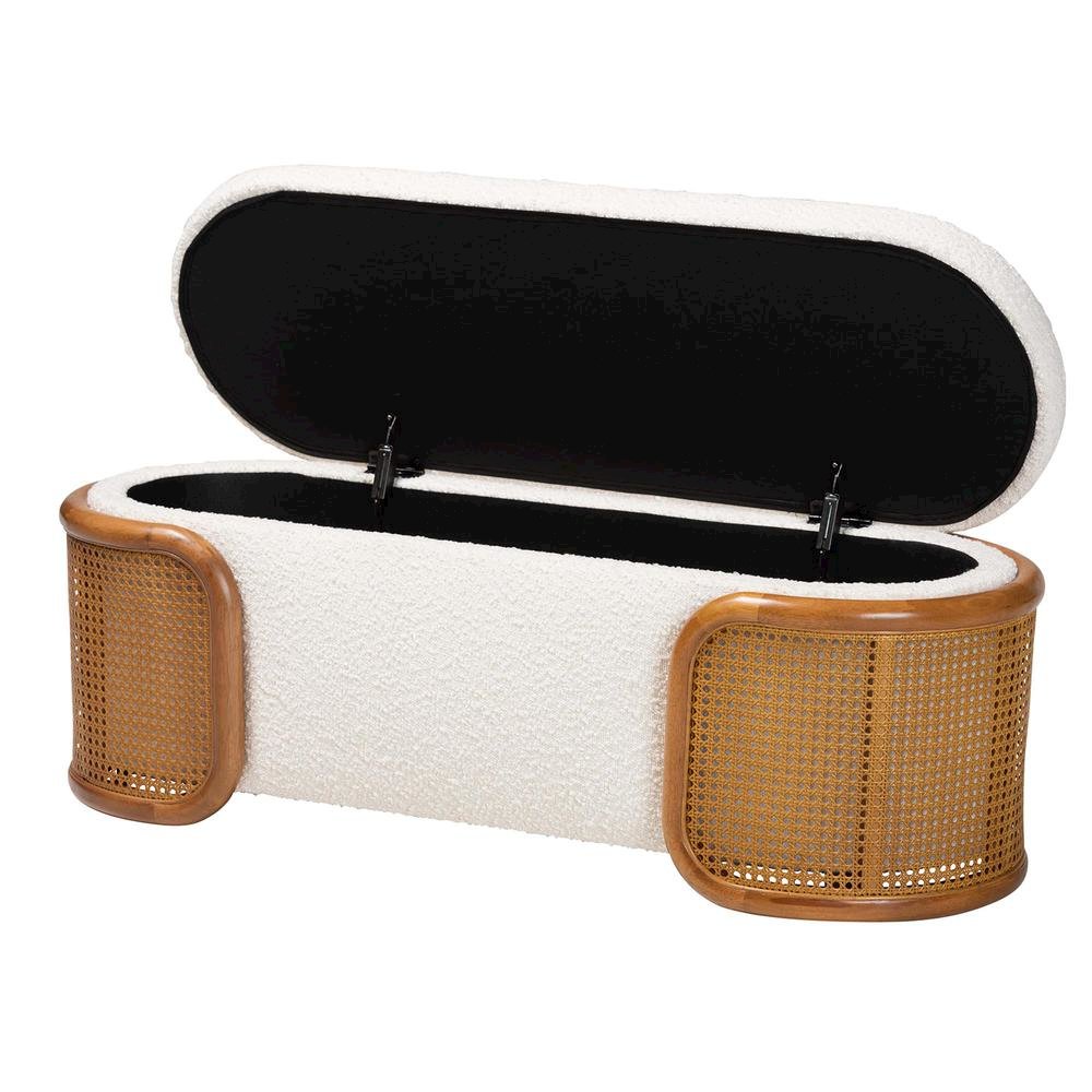 Baxton Studio Basira Japandi Cream Boucle Fabric Storage Bench with Woven Rattan. Picture 13