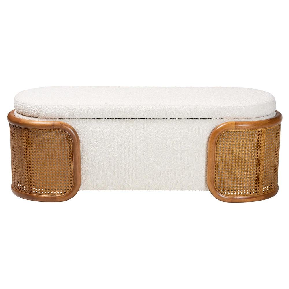 Baxton Studio Basira Japandi Cream Boucle Fabric Storage Bench with Woven Rattan. Picture 14