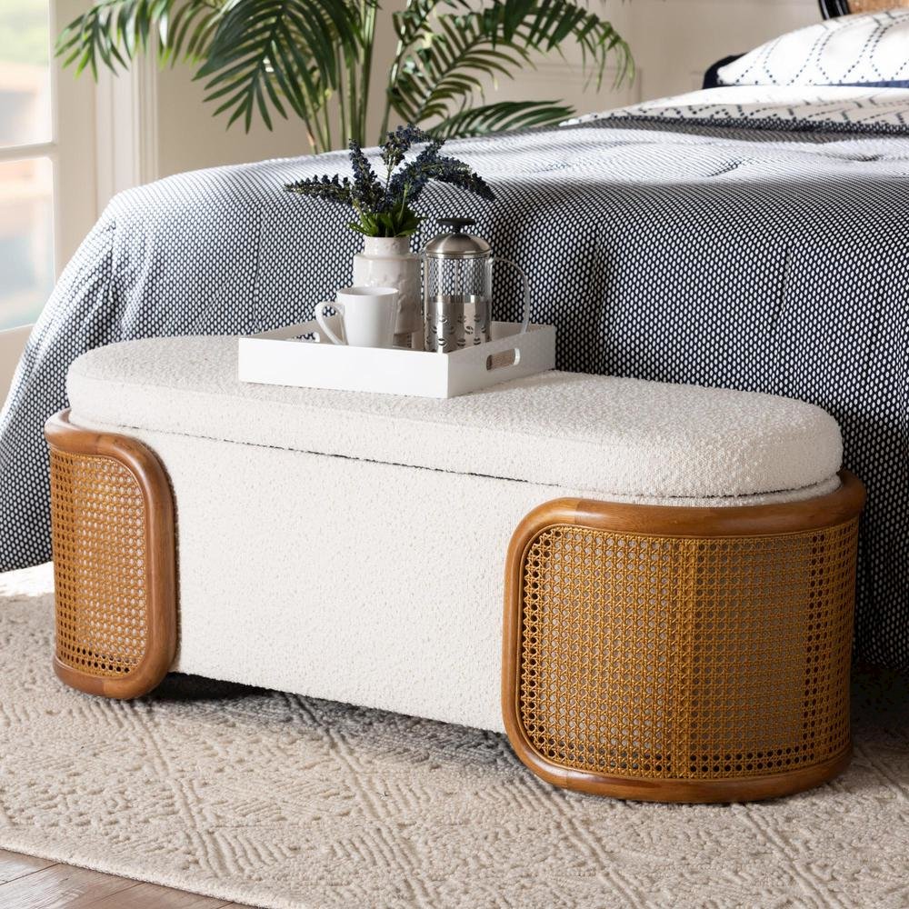 Baxton Studio Basira Japandi Cream Boucle Fabric Storage Bench with Woven Rattan. Picture 18