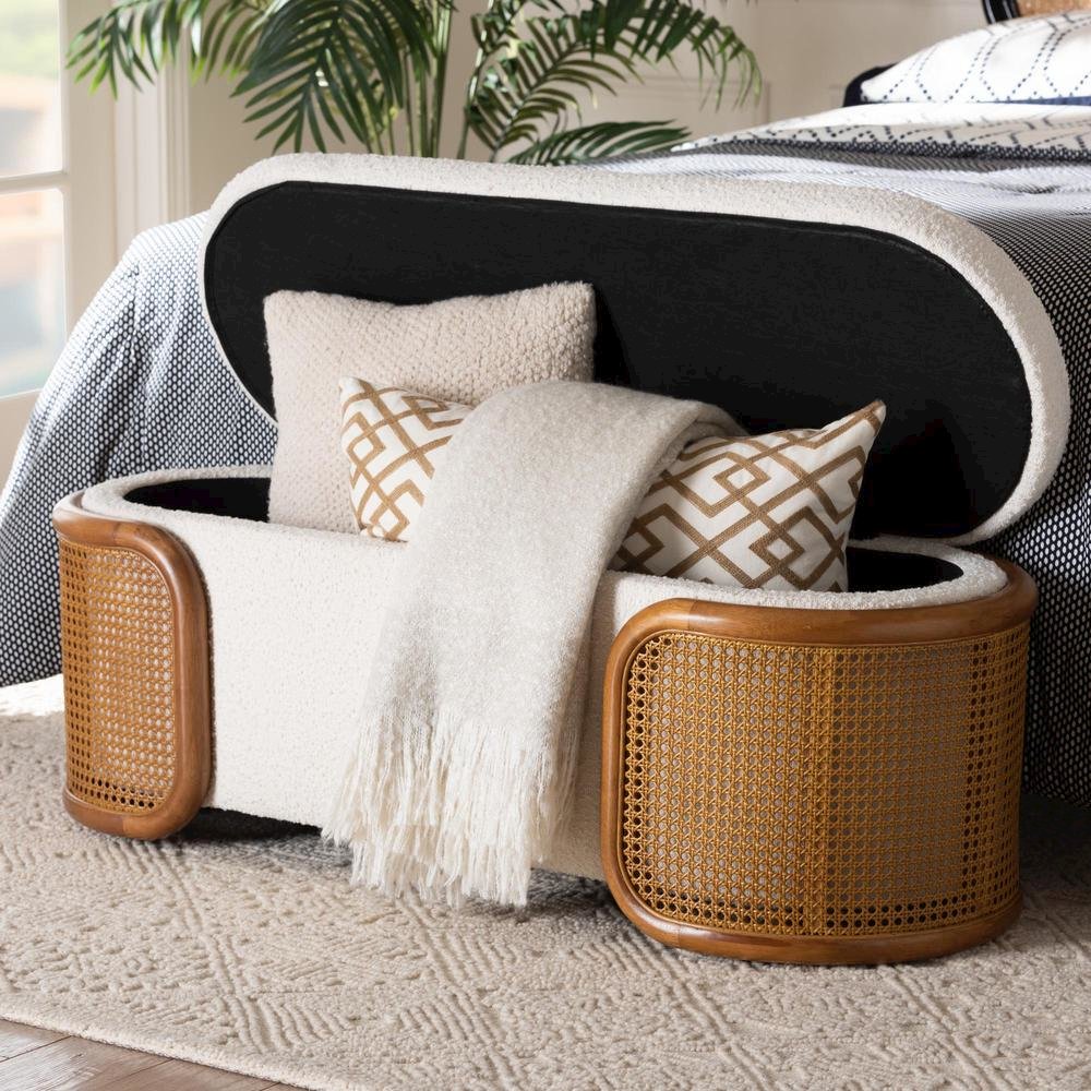 Baxton Studio Basira Japandi Cream Boucle Fabric Storage Bench with Woven Rattan. Picture 19