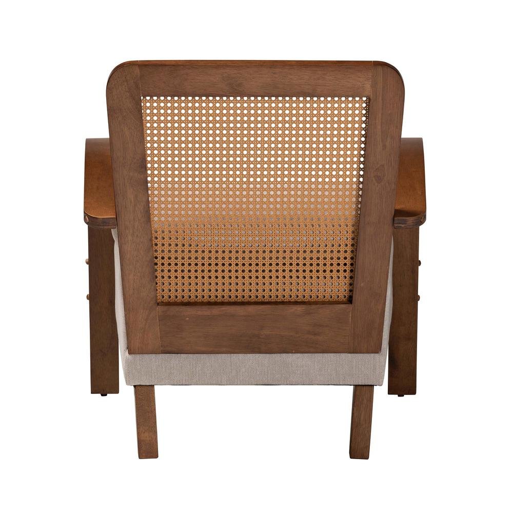 Modern Japandi Light Grey Fabric and Walnut Brown Finished Wood Arm Chair. Picture 14