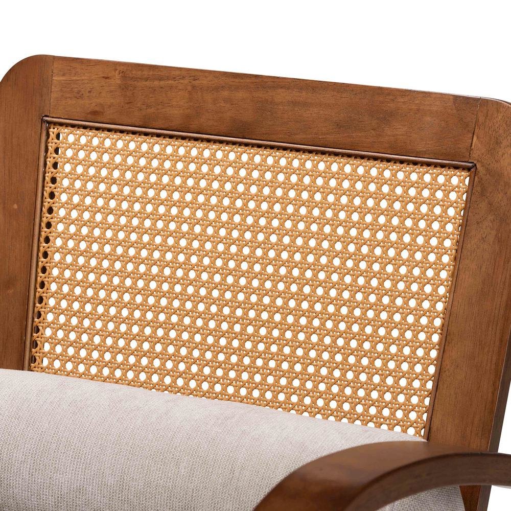 Modern Japandi Light Grey Fabric and Walnut Brown Finished Wood Arm Chair. Picture 15