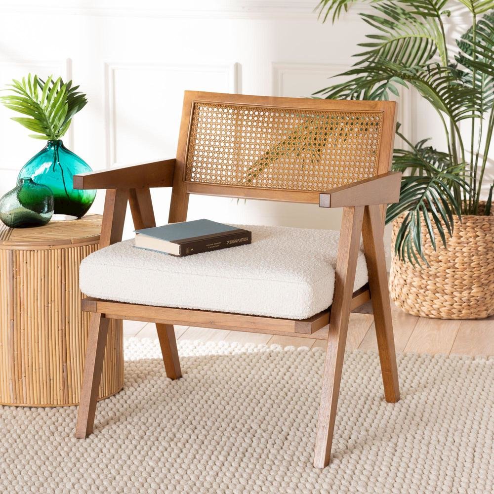 Jetsam Japandi Cream Boucle Fabric and Walnut Brown Finished Wood Arm Chair. Picture 18