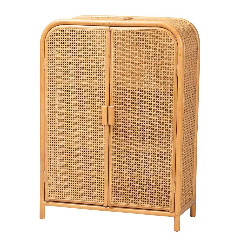 Curacao Modern Bohemian Light Honey Rattan 2-Door Storage Cabinet. Picture 11