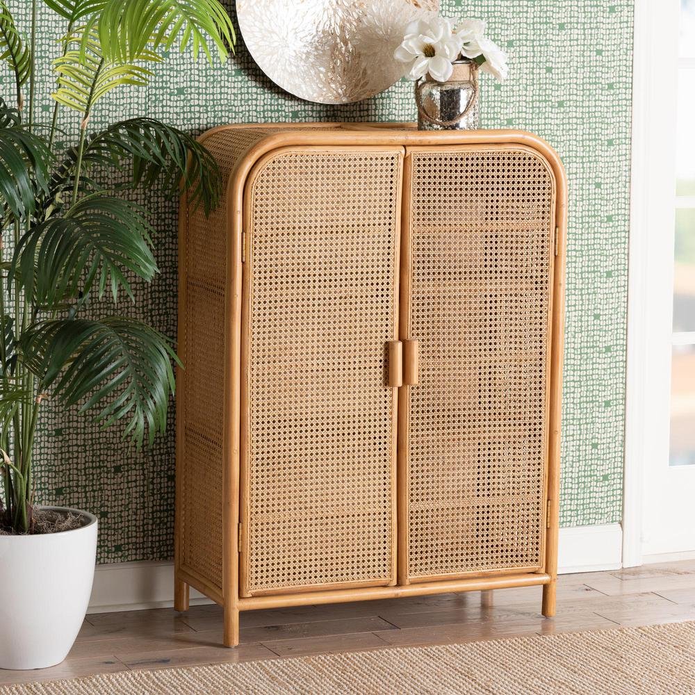 Curacao Modern Bohemian Light Honey Rattan 2-Door Storage Cabinet. Picture 18