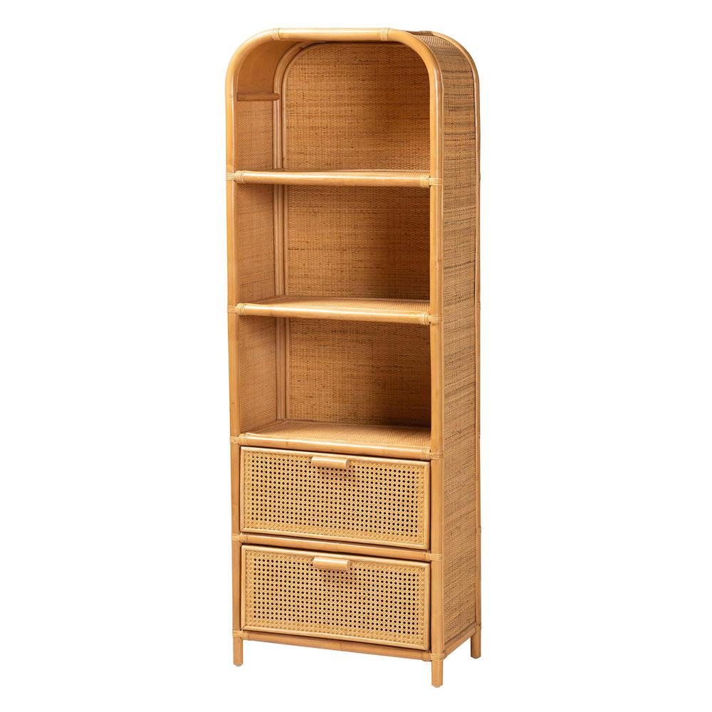Curacao Modern Bohemian Light Honey Rattan 2-Drawer Bookcase. Picture 11