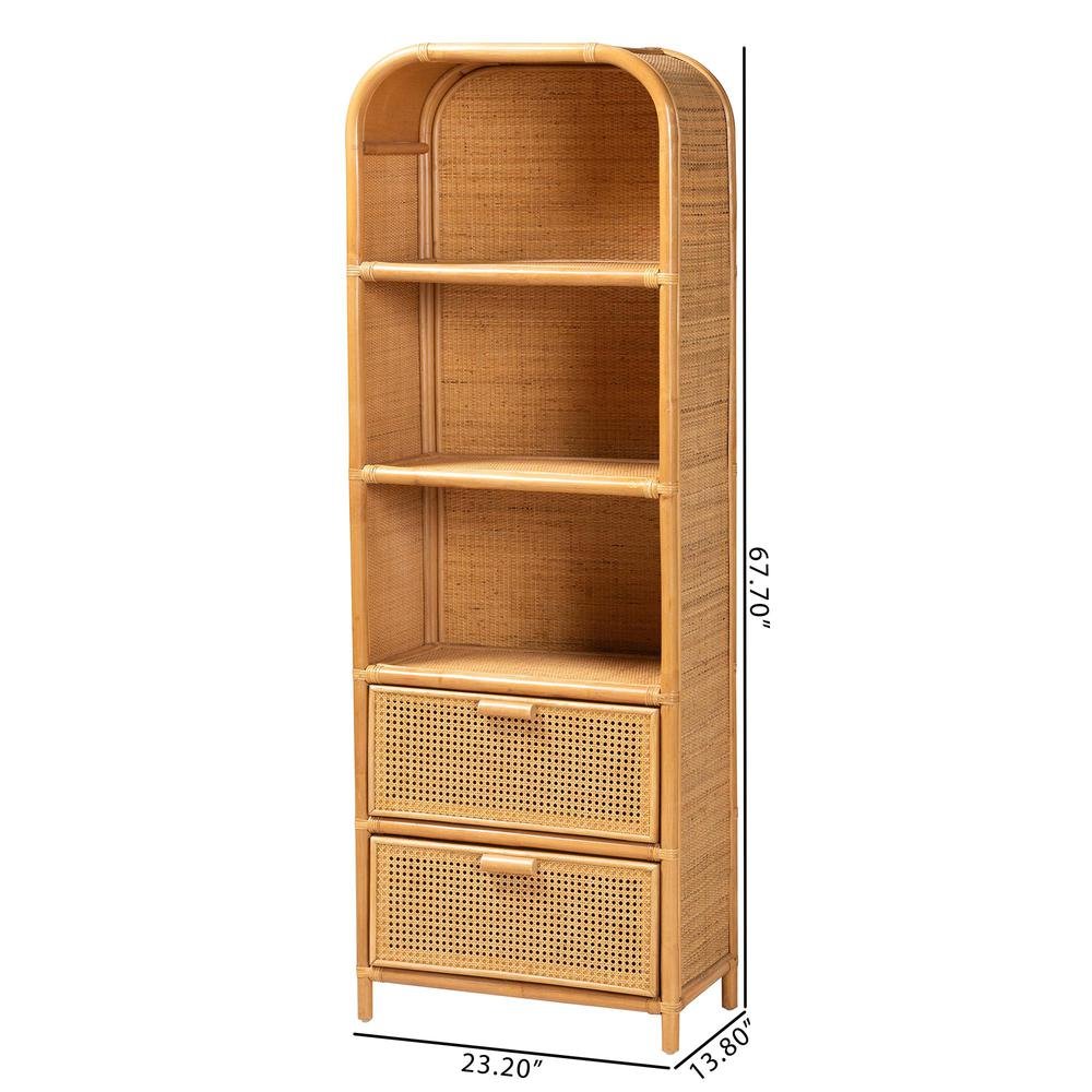 Curacao Modern Bohemian Light Honey Rattan 2-Drawer Bookcase. Picture 20