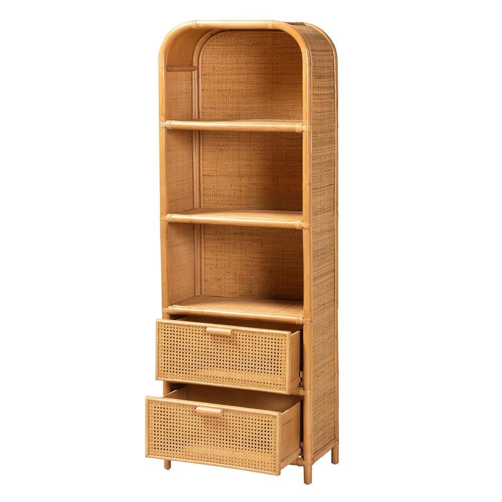 Curacao Modern Bohemian Light Honey Rattan 2-Drawer Bookcase. Picture 12