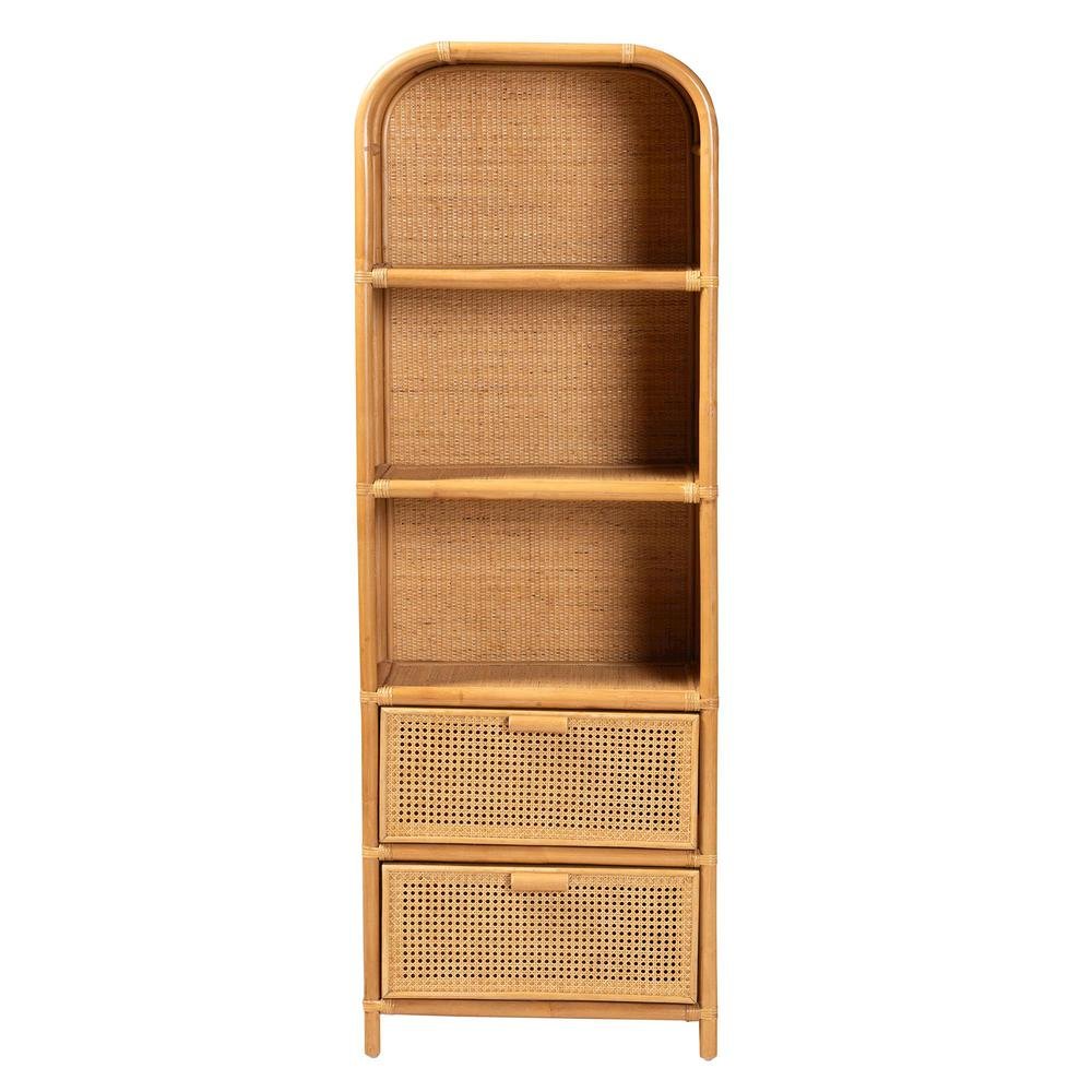 Curacao Modern Bohemian Light Honey Rattan 2-Drawer Bookcase. Picture 13