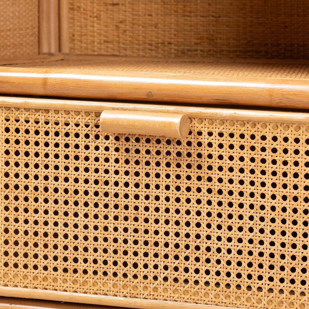 Curacao Modern Bohemian Light Honey Rattan 2-Drawer Bookcase. Picture 15