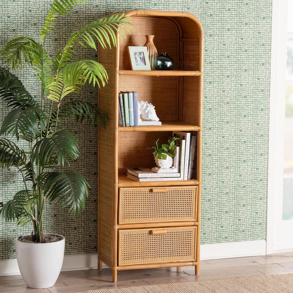 Curacao Modern Bohemian Light Honey Rattan 2-Drawer Bookcase. Picture 18