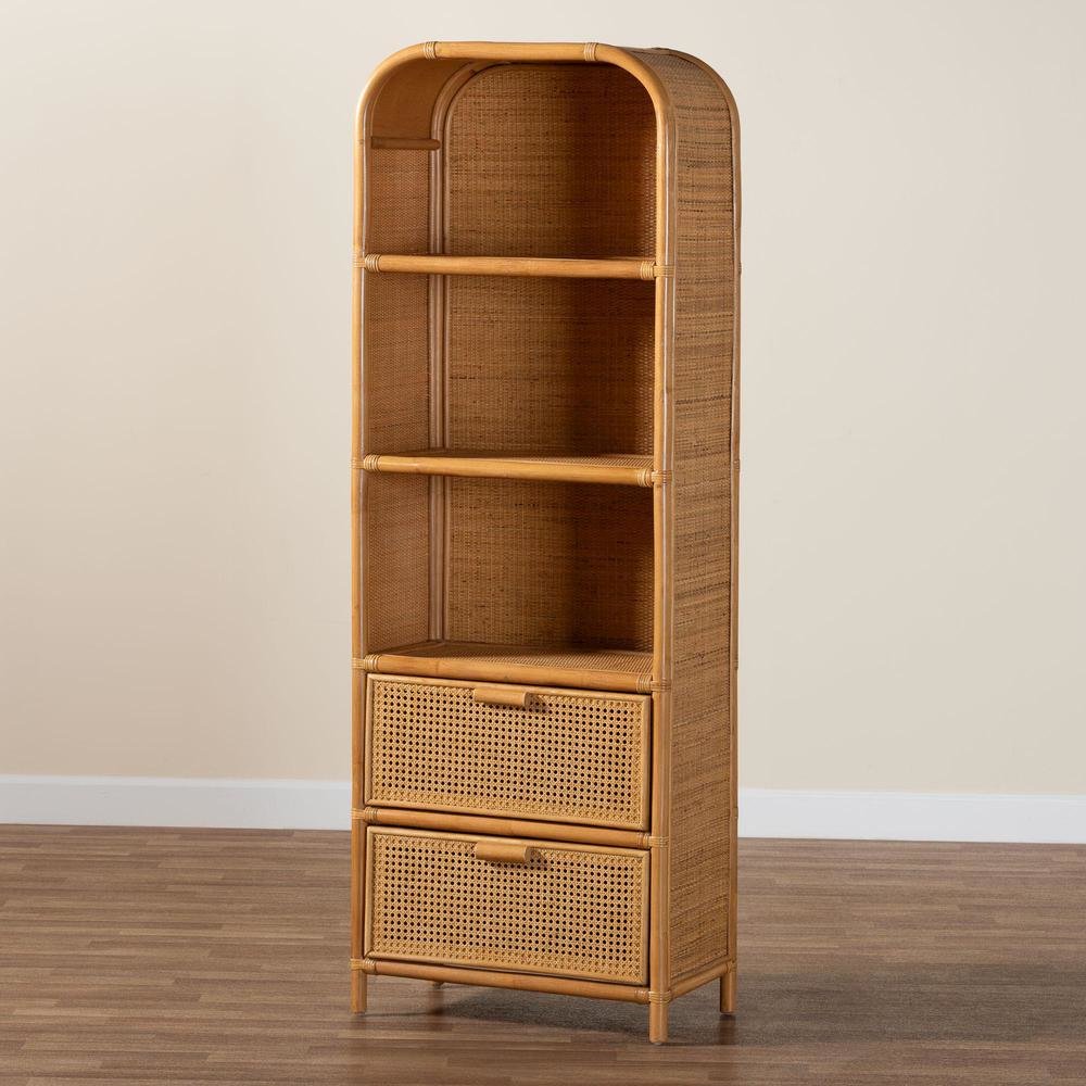 Curacao Modern Bohemian Light Honey Rattan 2-Drawer Bookcase. Picture 19