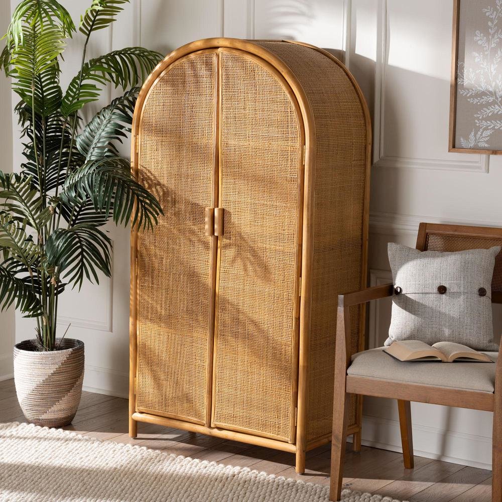 bali & pari Paloma Modern Bohemian Light Honey Rattan Large Storage Cabinet. Picture 8