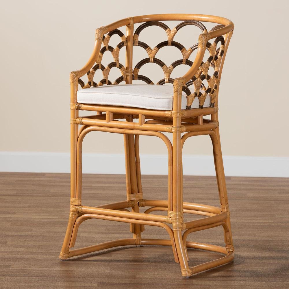 Veneto Modern Bohemian Light Honey and Dark Brown Rattan Bar Stool. Picture 19