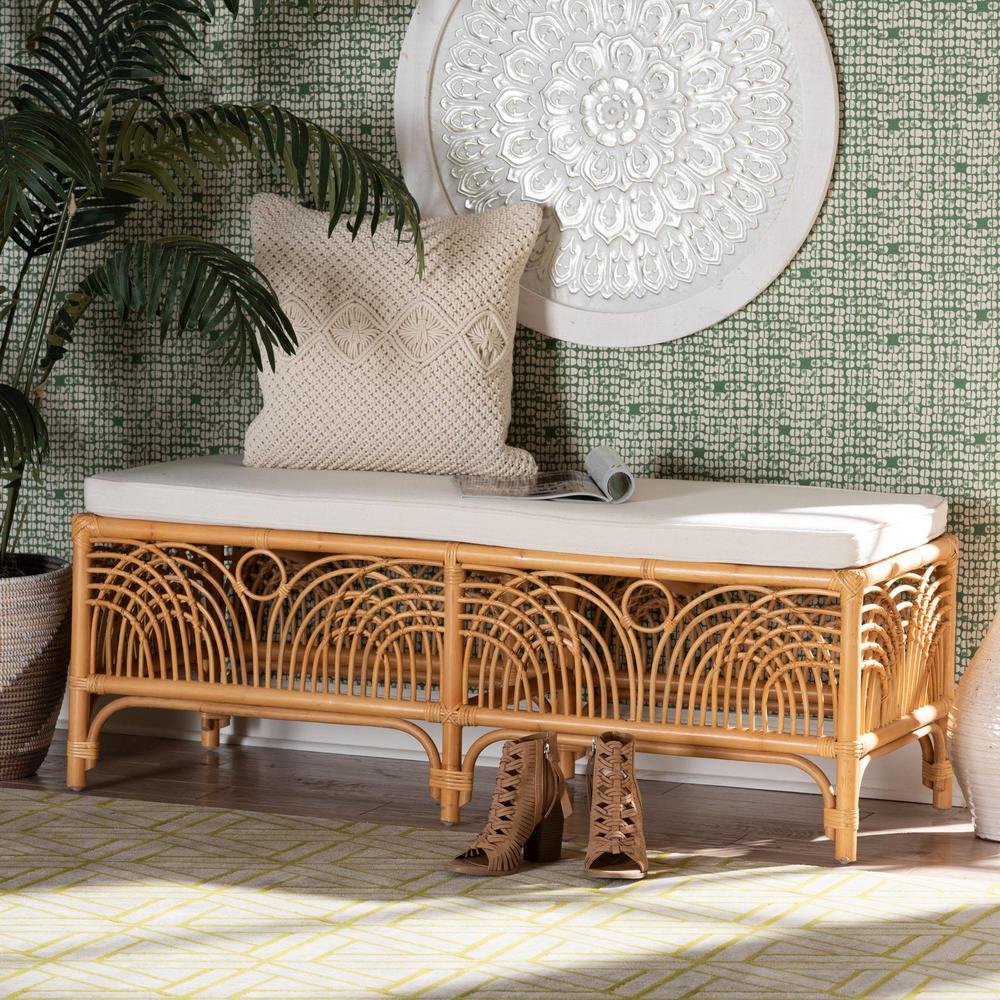 bali & pari Materra Modern bohemian Natural Brown Rattan Bench. Picture 15