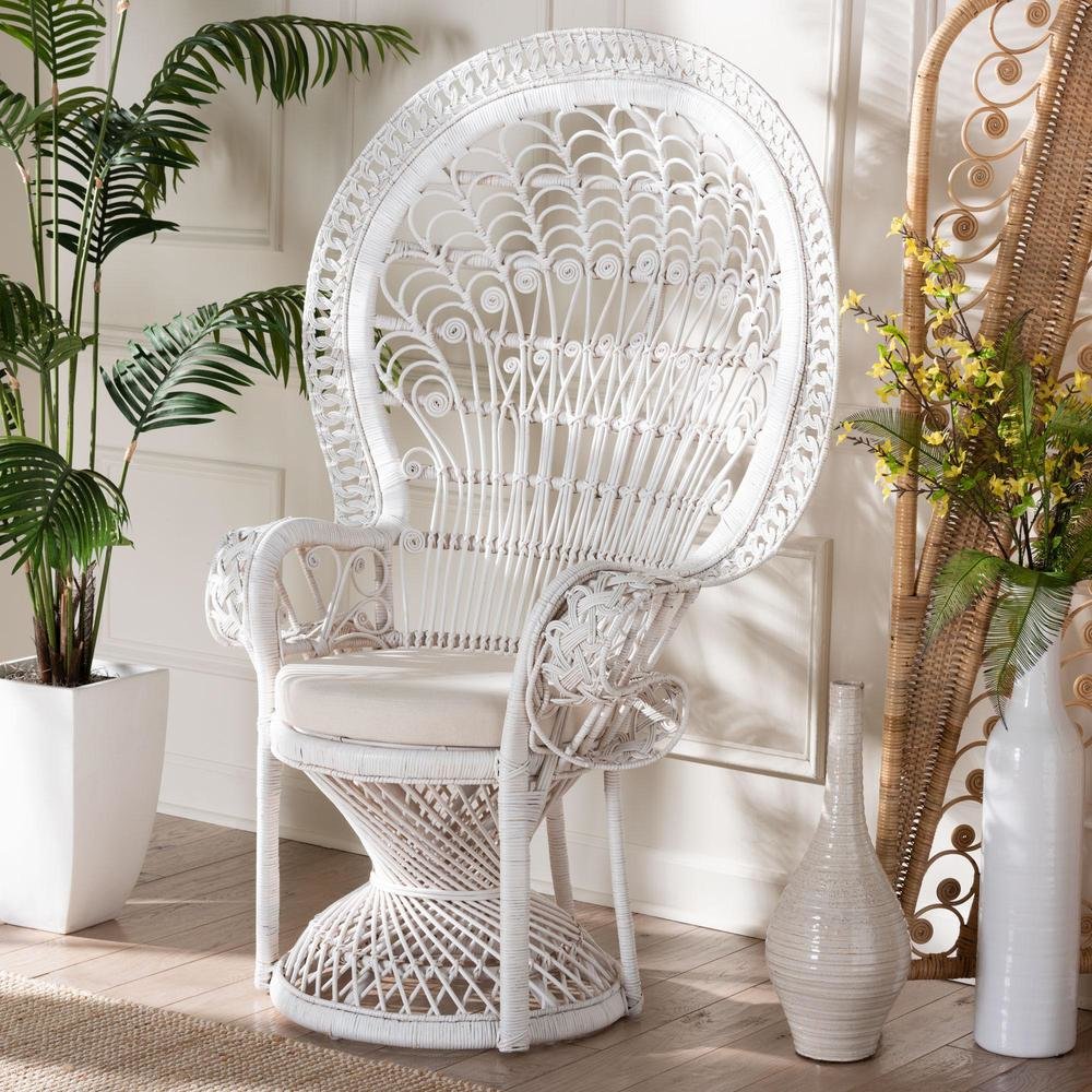 Kallima Modern Bohemian White Natural Rattan Peacock Chair. Picture 18
