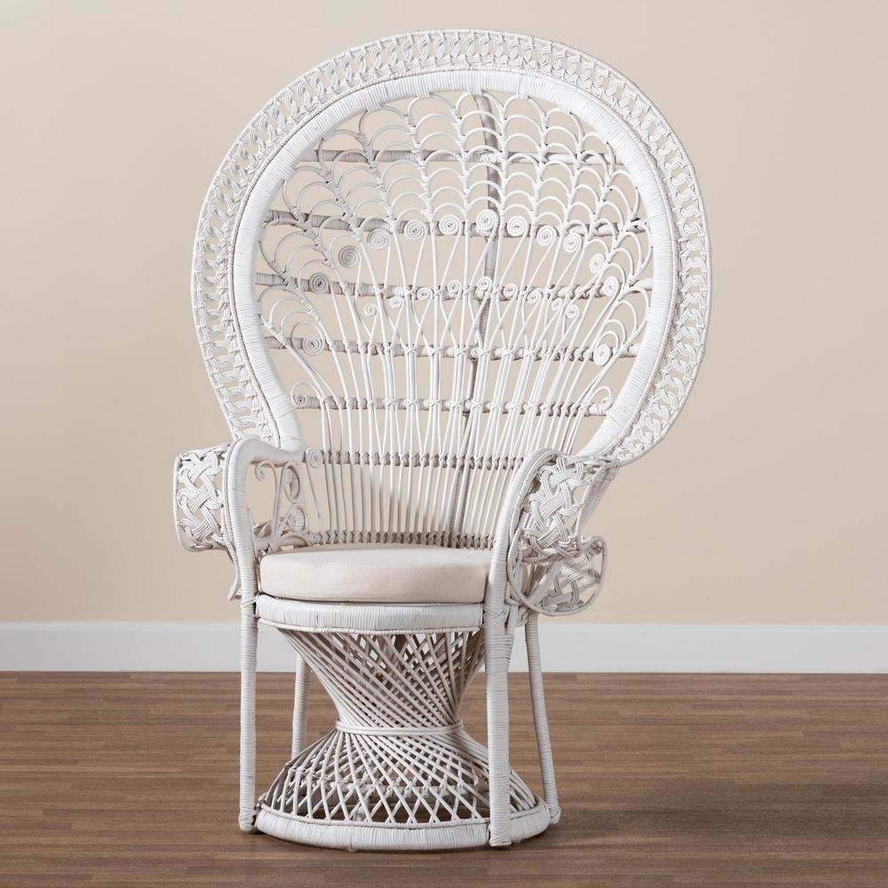 Kallima Modern Bohemian White Natural Rattan Peacock Chair. Picture 19