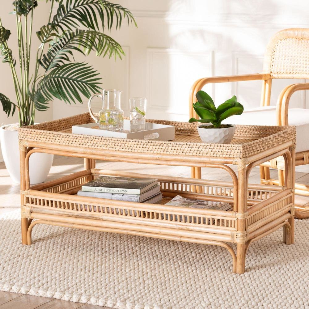 Lombok Modern Bohemian Natural Rattan Coffee Table. Picture 7