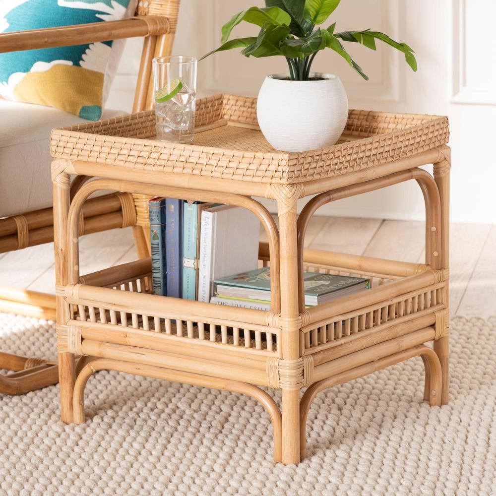 Lombok Modern Bohemian Natural Rattan End Table. Picture 14