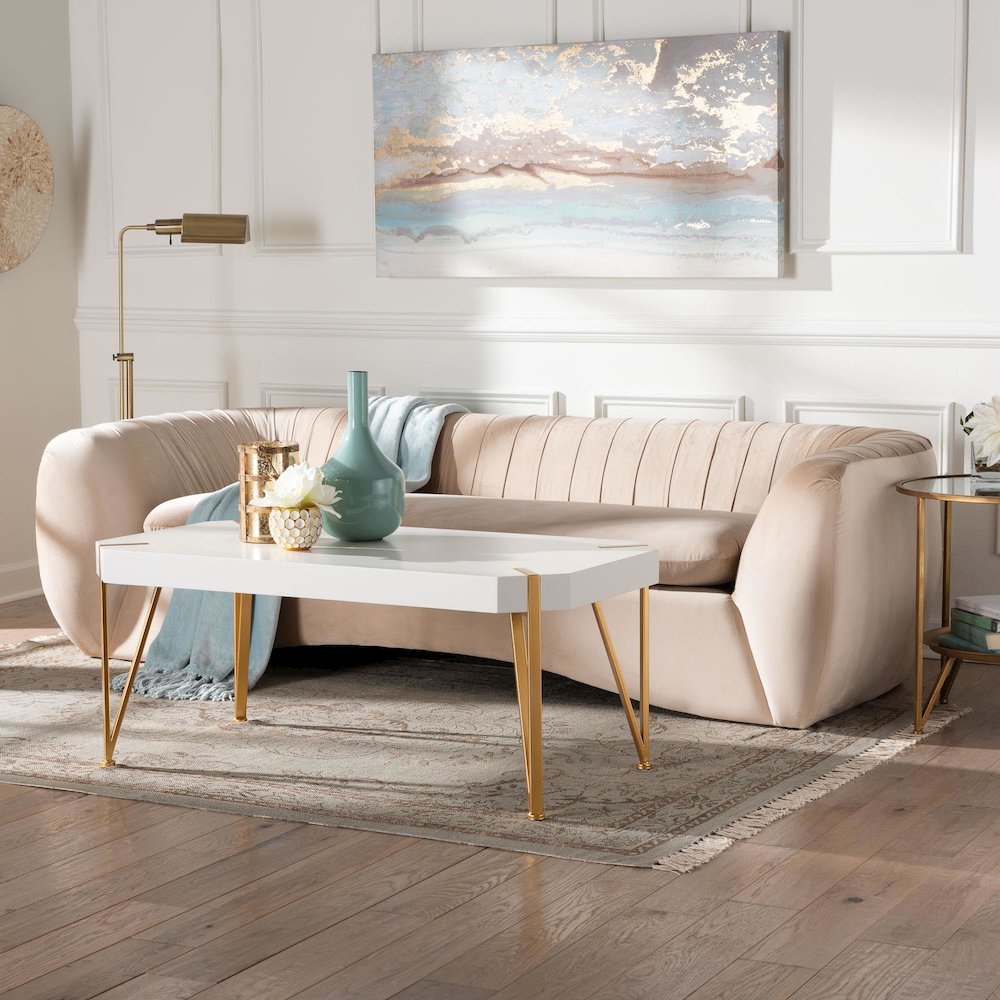Adanna Glam and Luxe Champagne Beige Velvet Fabric Sofa. Picture 16