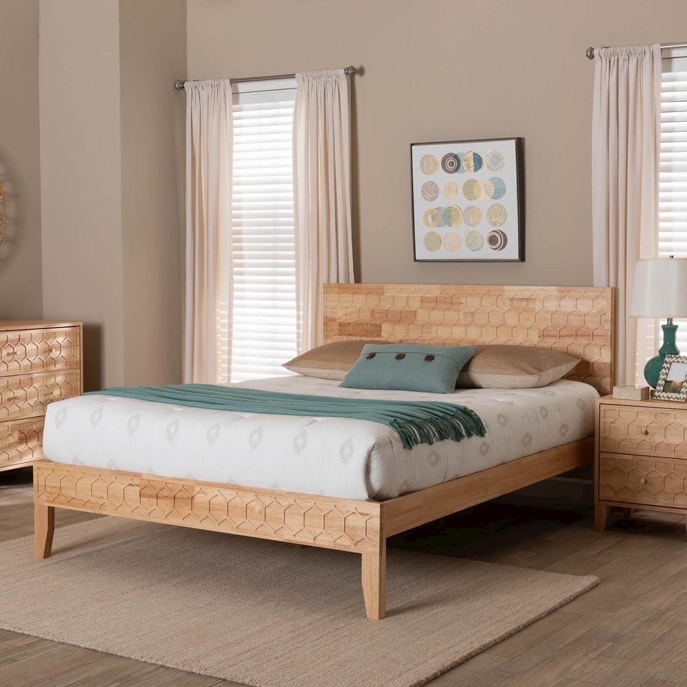 Hosea Japandi Carved Honeycomb Natural Queen Size Platform Bed. Picture 17