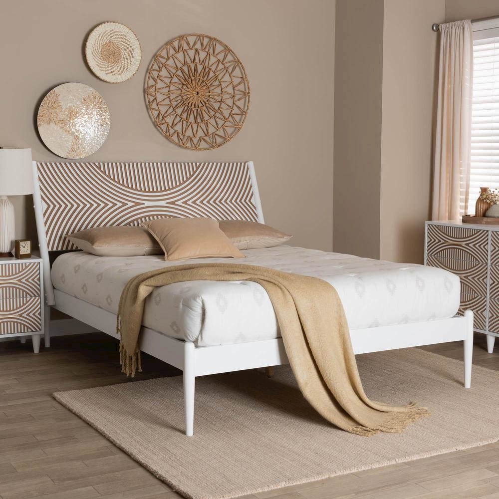 Louetta Coastal White Queen Size Platform Bed with Carved Contrasting Headboard. Picture 17