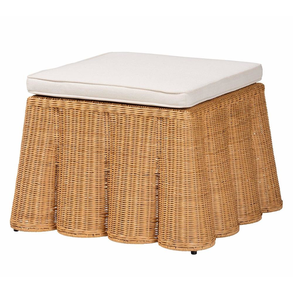 Palm Bohemian Honey Scallop Rattan Ottoman. Picture 8