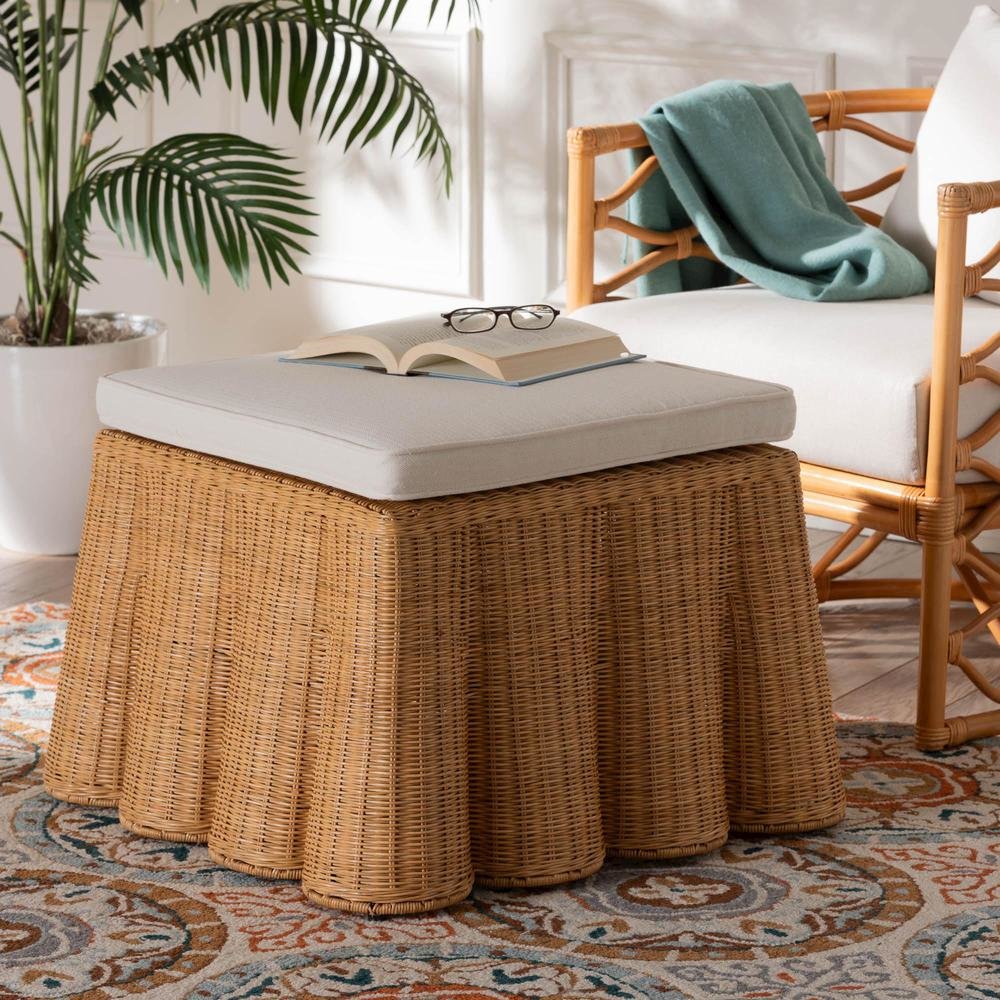 Palm Bohemian Honey Scallop Rattan Ottoman. Picture 12