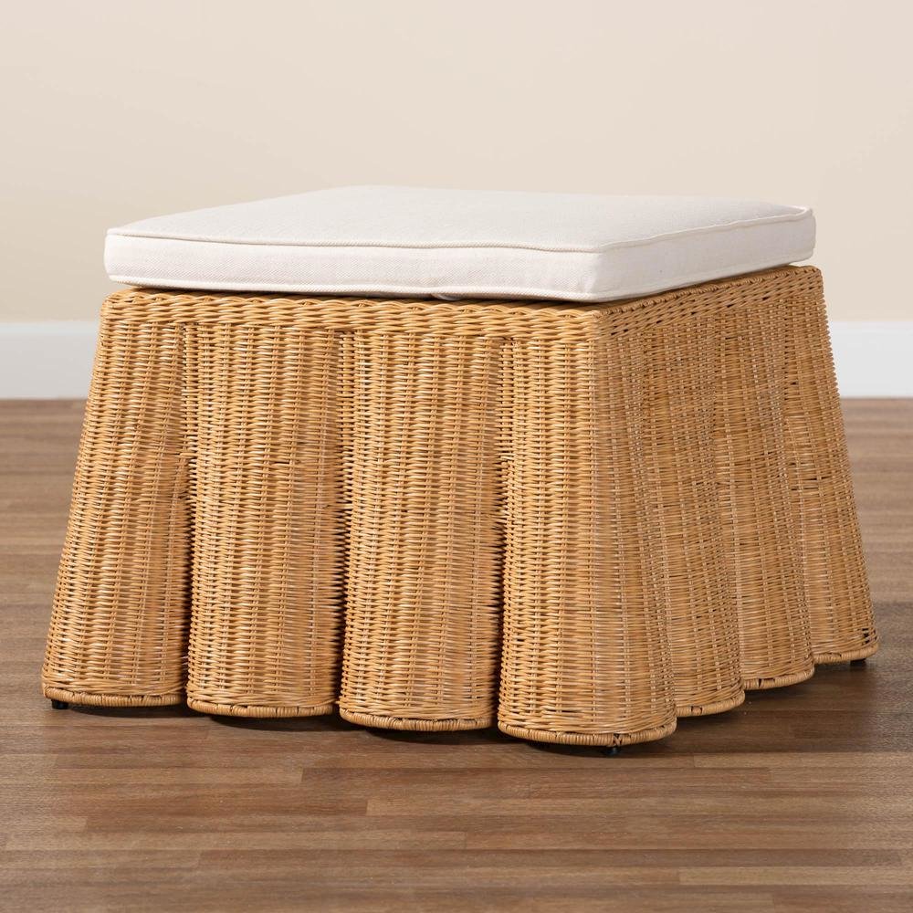 Palm Bohemian Honey Scallop Rattan Ottoman. Picture 13