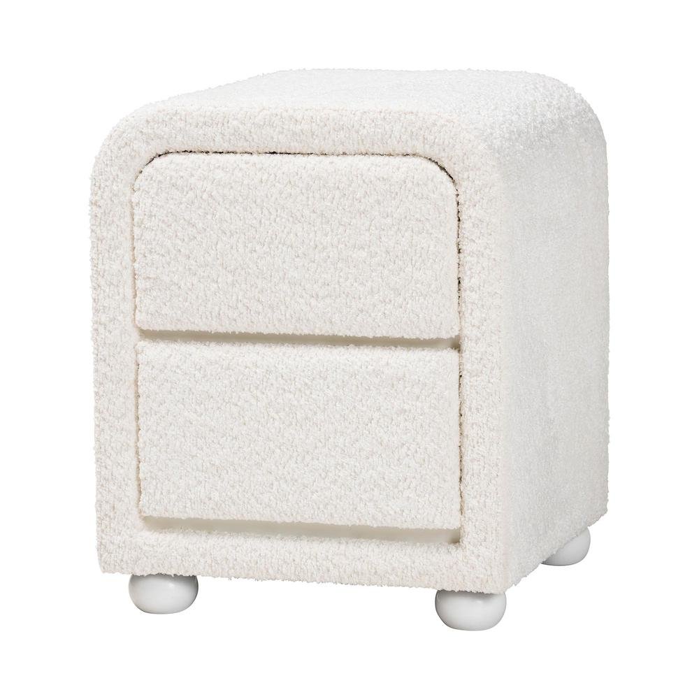 Bonilla Modern White Teddy-Bear Fabric and Rubberwood 2-Drawer Nightstand. Picture 10