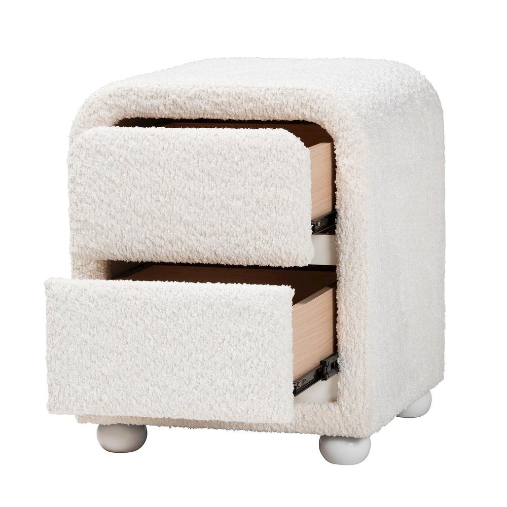 Bonilla Modern White Teddy-Bear Fabric and Rubberwood 2-Drawer Nightstand. Picture 11