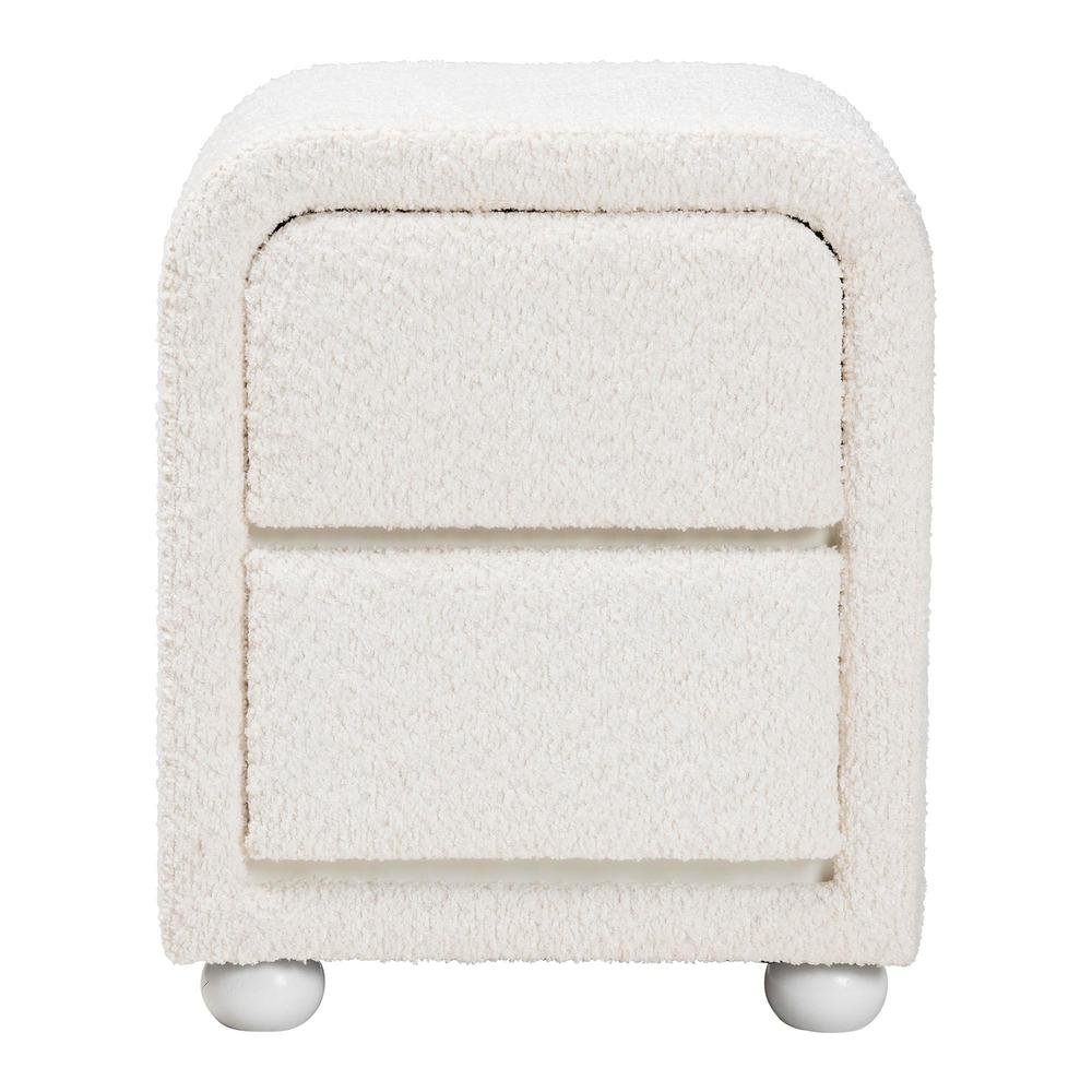 Bonilla Modern White Teddy-Bear Fabric and Rubberwood 2-Drawer Nightstand. Picture 12