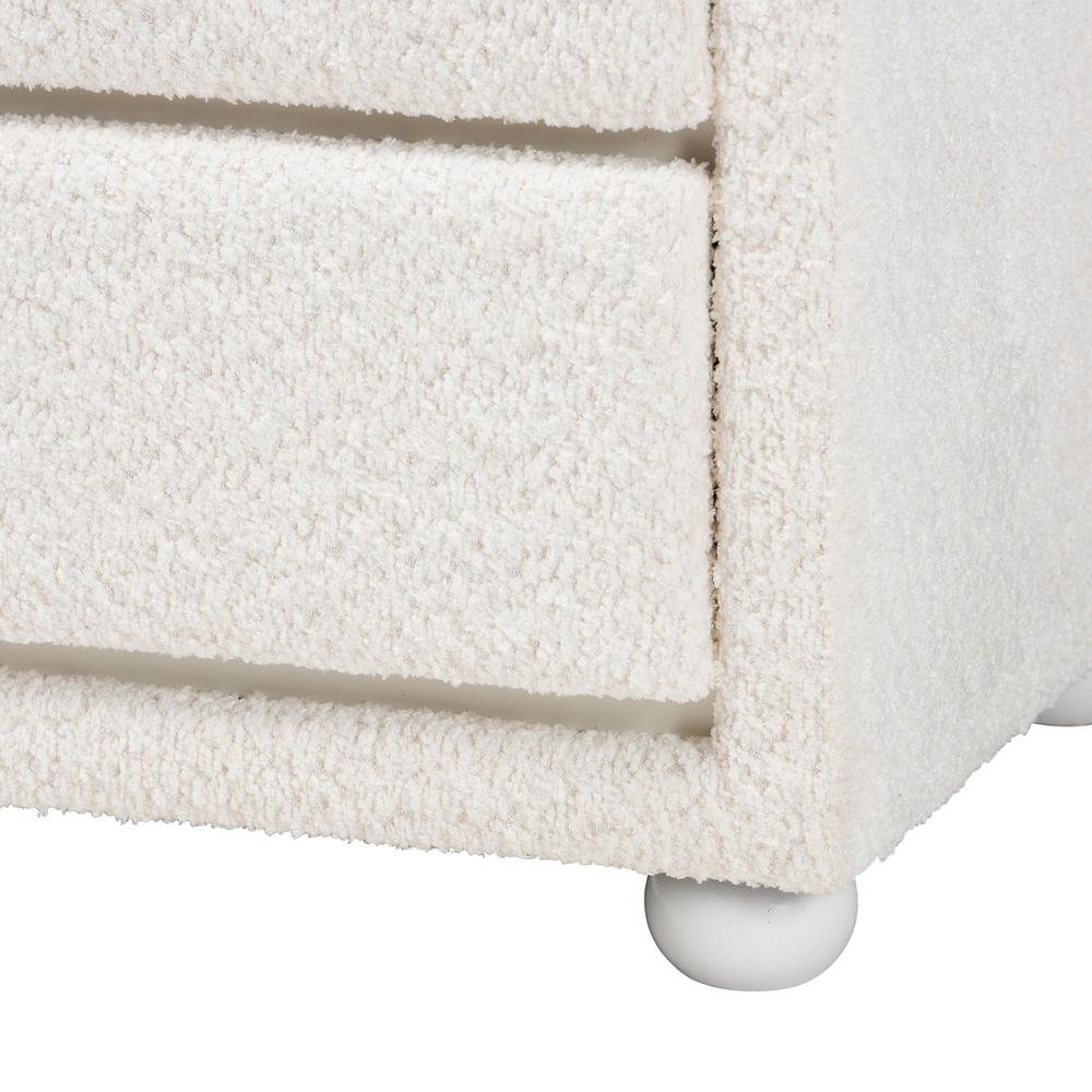 Bonilla Modern White Teddy-Bear Fabric and Rubberwood 2-Drawer Nightstand. Picture 14