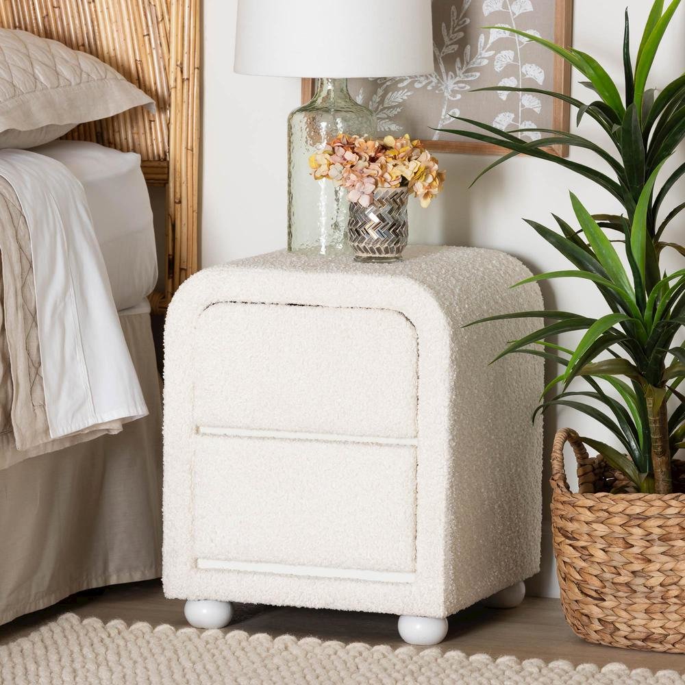 Bonilla Modern White Teddy-Bear Fabric and Rubberwood 2-Drawer Nightstand. Picture 16