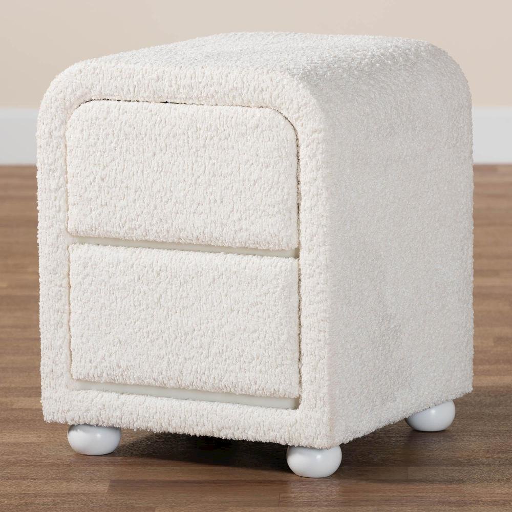 Bonilla Modern White Teddy-Bear Fabric and Rubberwood 2-Drawer Nightstand. Picture 17